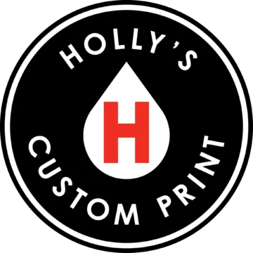 Holly's Custom Print logo features a red 'H' inside a white water droplet on black background, representing wholesale food distribution.