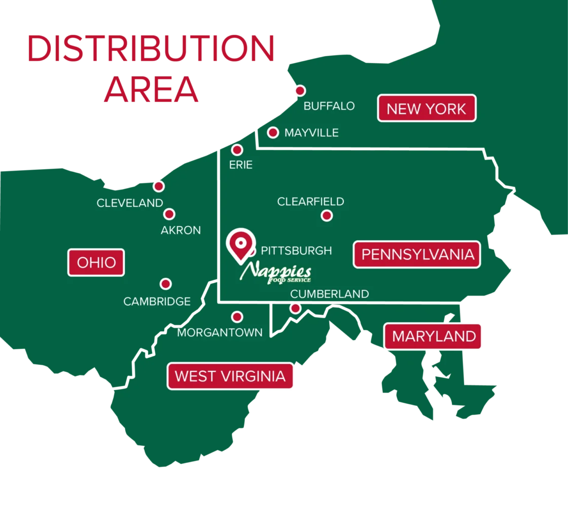 Distribution network map showing Nappies Food Service wholesale coverage across Ohio, Pennsylvania, New York, Maryland, and West Virginia regions.
