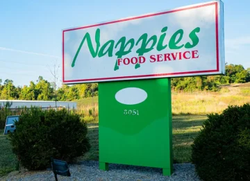 Nappies Food Service wholesale distributor roadside sign displaying business address 8051 for foodservice supply chain operations.